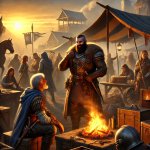 DALL·E 2024-06-29 10.47.15 - A bustling camp of adventurers at dawn, with a golden sunrise ill...jpg