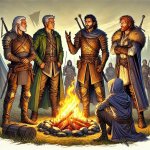 DALL·E 2024-06-29 10.47.30 - The adventurers in the camp, now more engaged in a serious discus...jpg