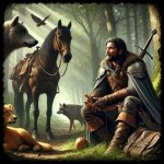 DALL·E 2024-11-15 14.09.12 - Un guerrero medieval sentado en el suelo en un bosque encantado, ...jpg